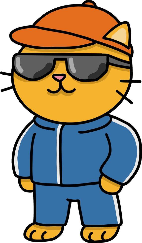 Hand drawn Cat and Career Doodle, Stylish cartoon cat wearing sunglasses and a cap. vector
