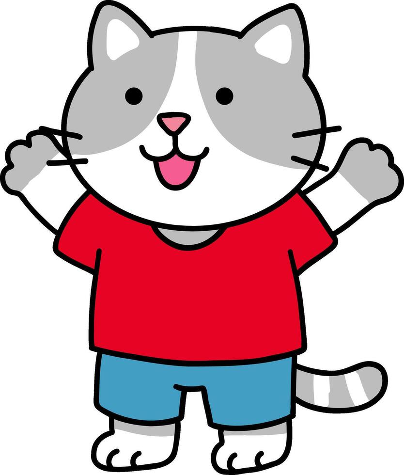 Hand drawn Cat and Career Doodle, Cartoon cat wearing a red shirt and blue shorts, smiling happily. vector