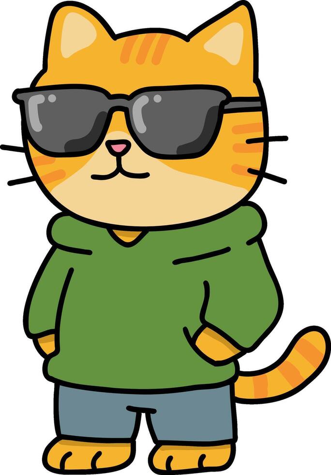 Hand drawn Cat and Career Doodle, Cool cartoon cat wearing glasses and a hoodie. vector