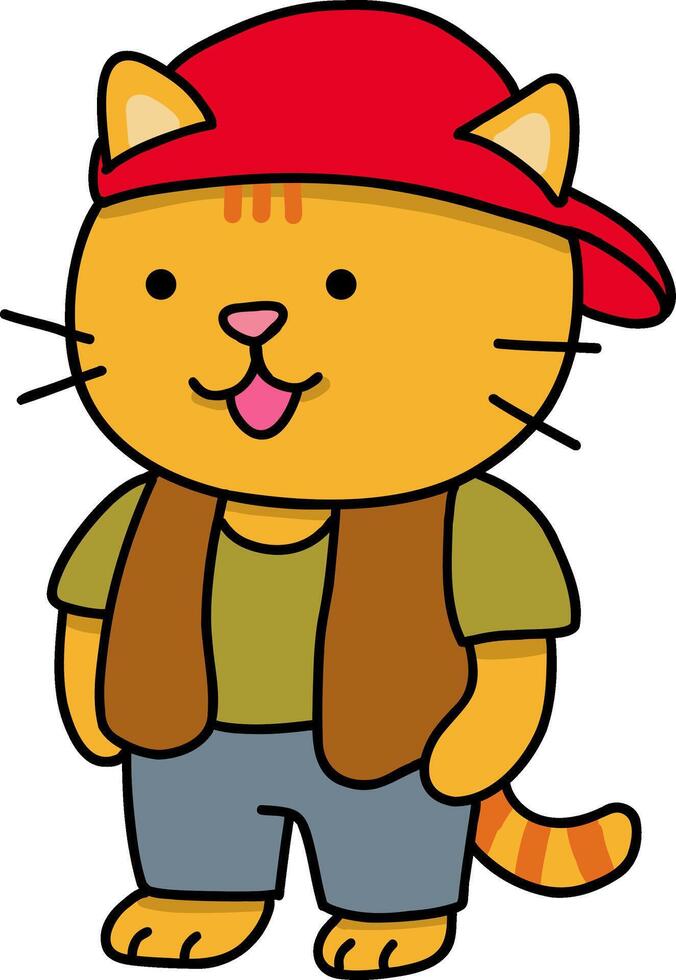 Hand drawn Cat and Career Doodle, Cartoon cat wearing a red cap and casual clothes. vector