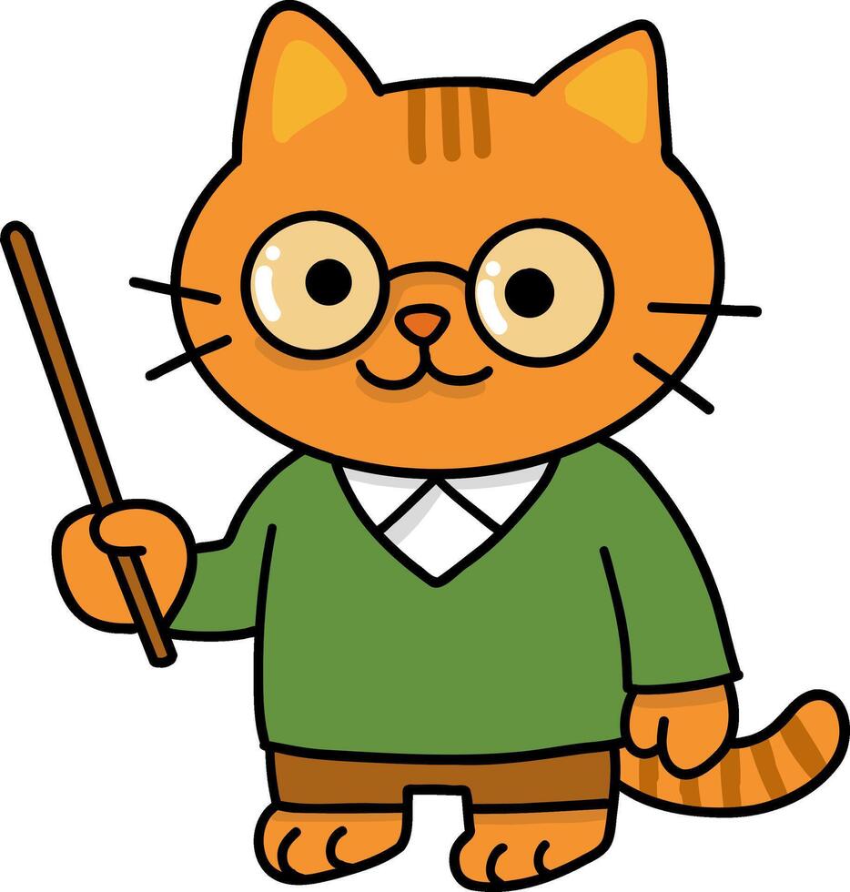 Hand drawn Cat and Career Doodle, Cartoon cat character wearing glasses and holding a pointer stick. vector