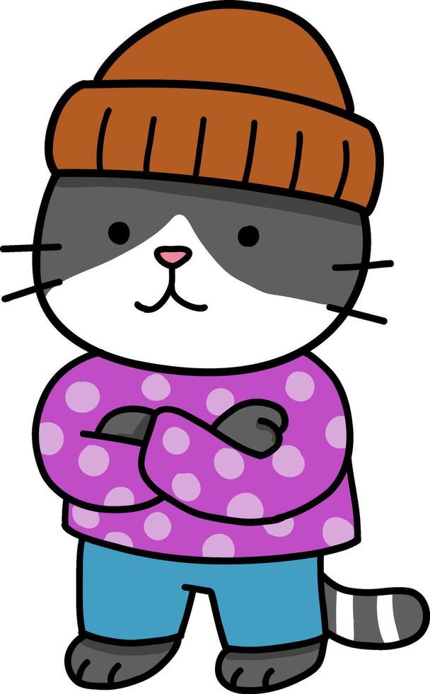 Hand drawn Cat and Career Doodle, Cute cartoon cat wearing a beanie and sweater with polka dots. vector