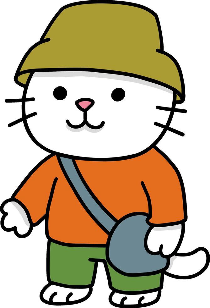 Hand drawn Cat and Career Doodle, Cute cartoon cat in casual outfit with hat and bag. vector