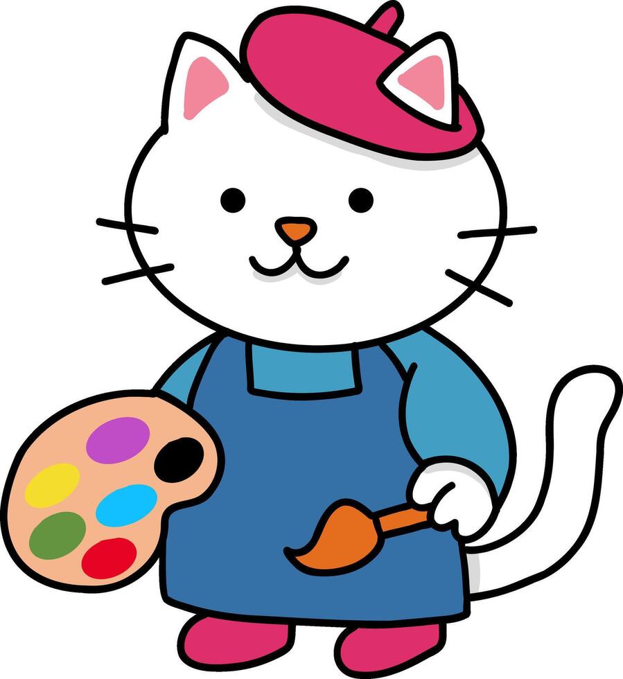 Hand drawn Cat and Career Doodle, Cute cartoon cat artist holding a palette and brush. vector