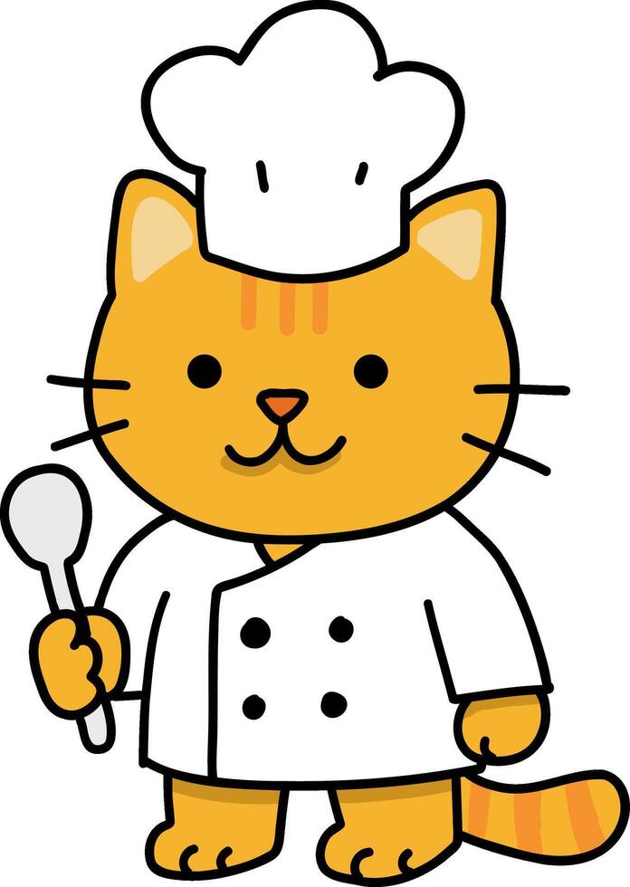 Hand drawn Cat and Career Doodle, Cute cartoon cat dressed as a chef holding a spoon. vector