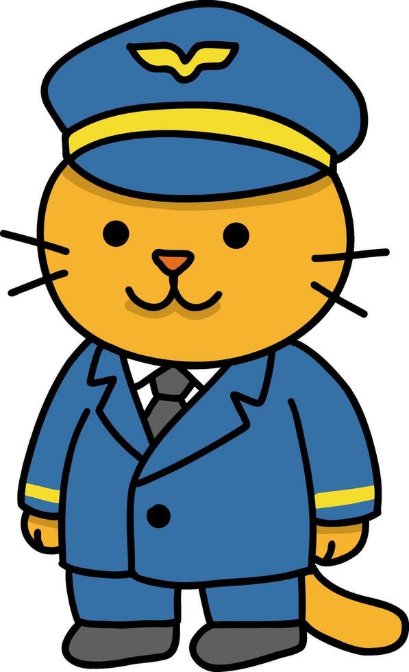 Hand drawn Cat and Career Doodle, Cartoon cat dressed as a pilot in uniform and hat. vector
