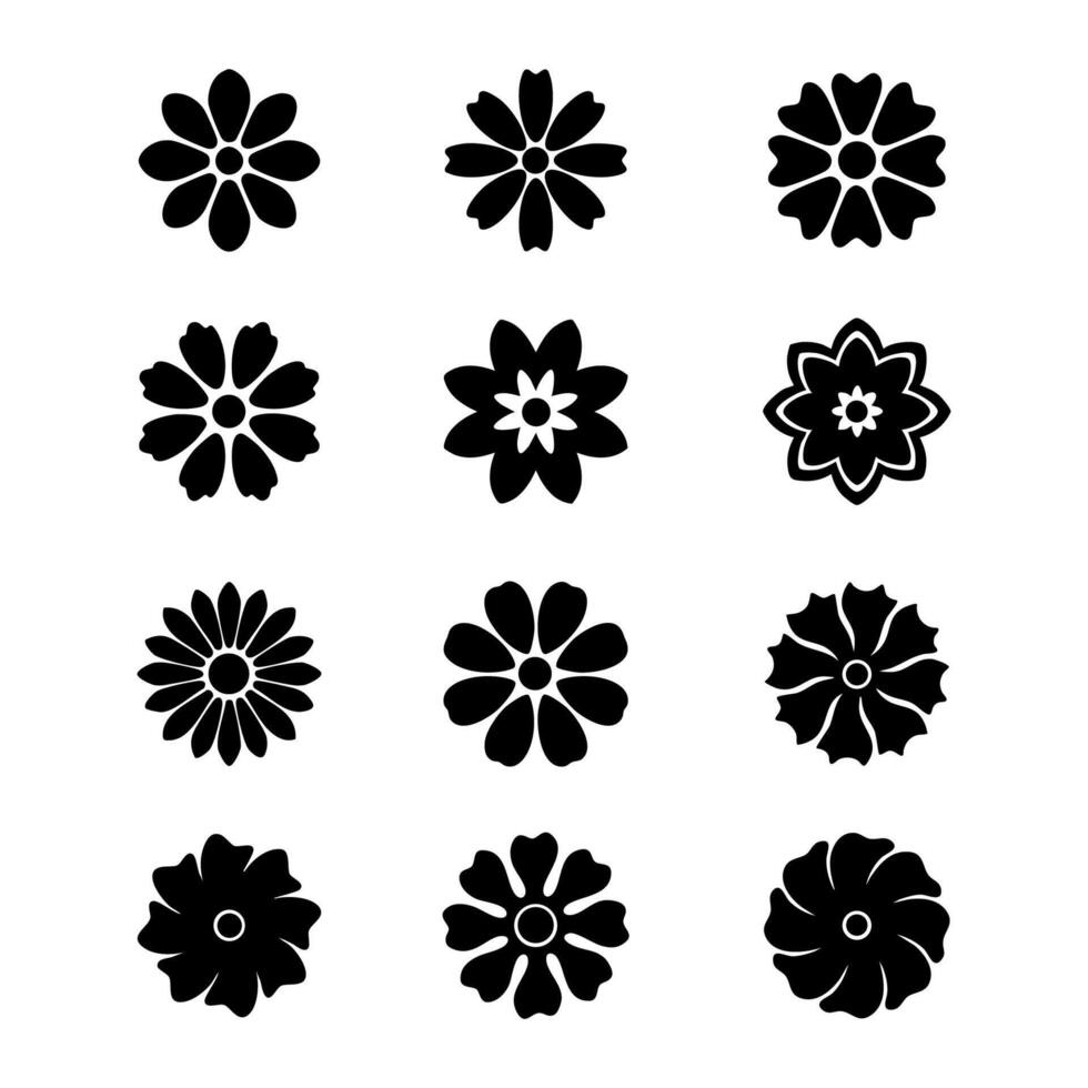 Collection flower element icon. Black and white Illustration vector