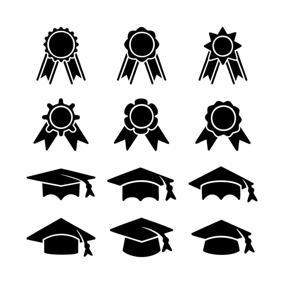 Set of graduation student black cap. Reward blank badge. Silhouette icon style illustration vector