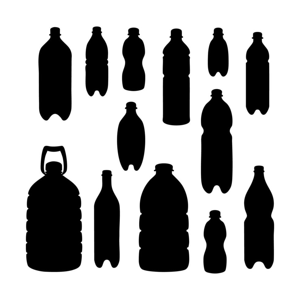 Drink container silhouettes. Mineral bottle icons. Black and white Illustration vector