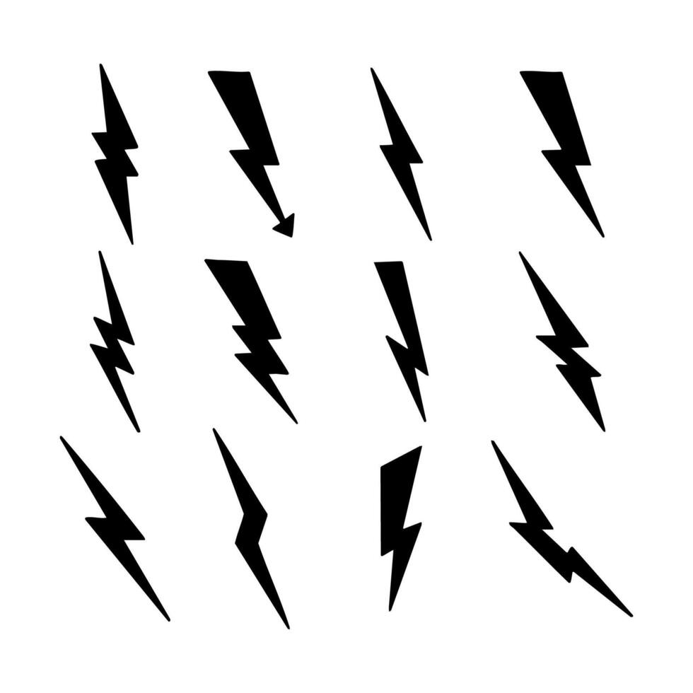 Lightning bolt set icon silhouettes. Black and white Illustration vector