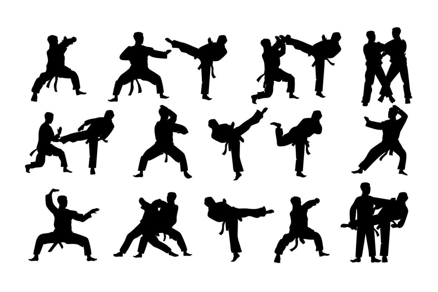 Set of karate player pose silhouettes. Black and white Illustration vector