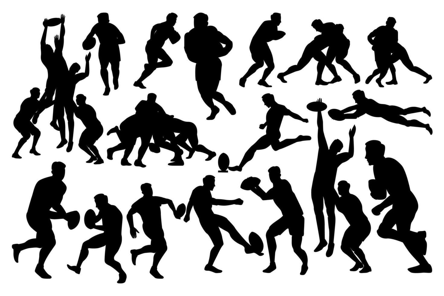 Set of rugby players silhouette on the field. Black and white Illustration vector