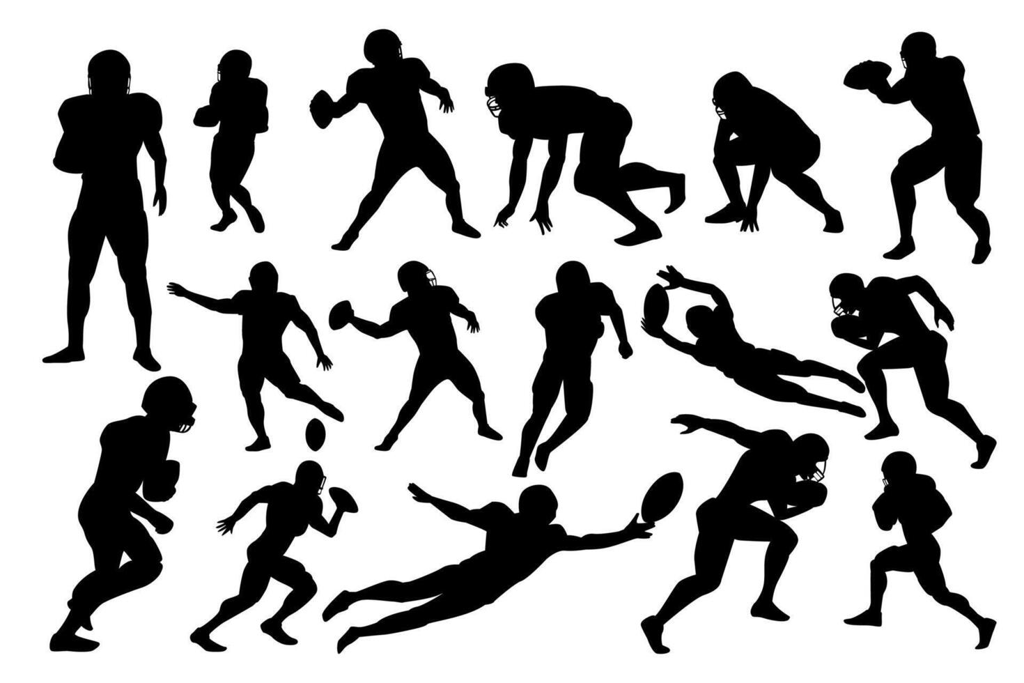 Set of American Football players silhouette on the field. Black and white Illustration vector