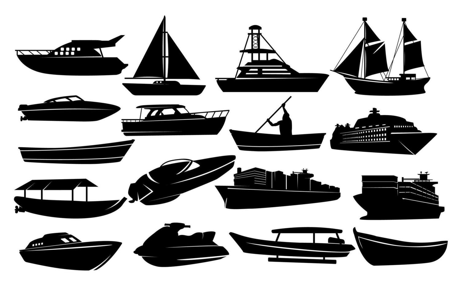 Set of ship silhouette designs in variations. Water transportation. Black and white Illustration vector