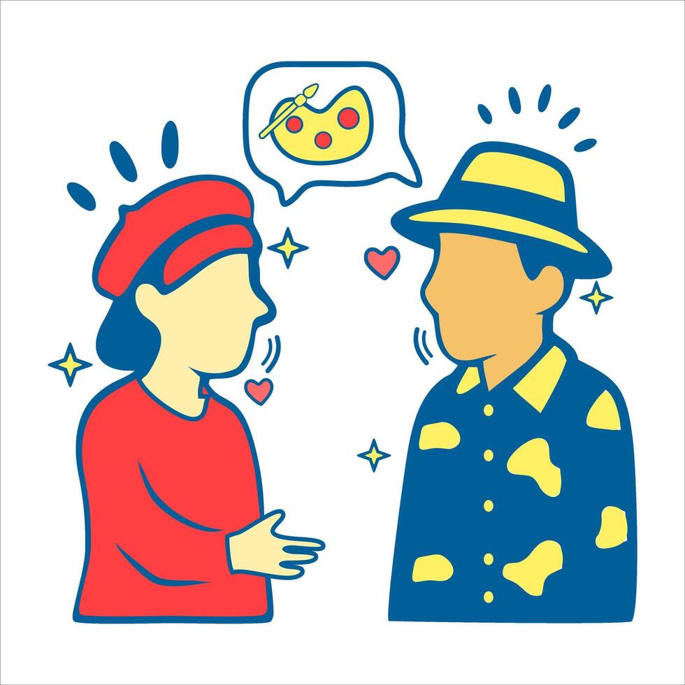 Positive Conversation Between Artist and Art Enthusiast, An illustration of two people engaging in a friendly discussion about art featuring a creative vector