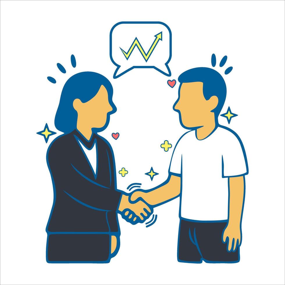 Business Collaboration and Productive Communication, A handshake between a businesswoman and a casually dressed man illustrates teamwork, cooperation, and professional interaction vector