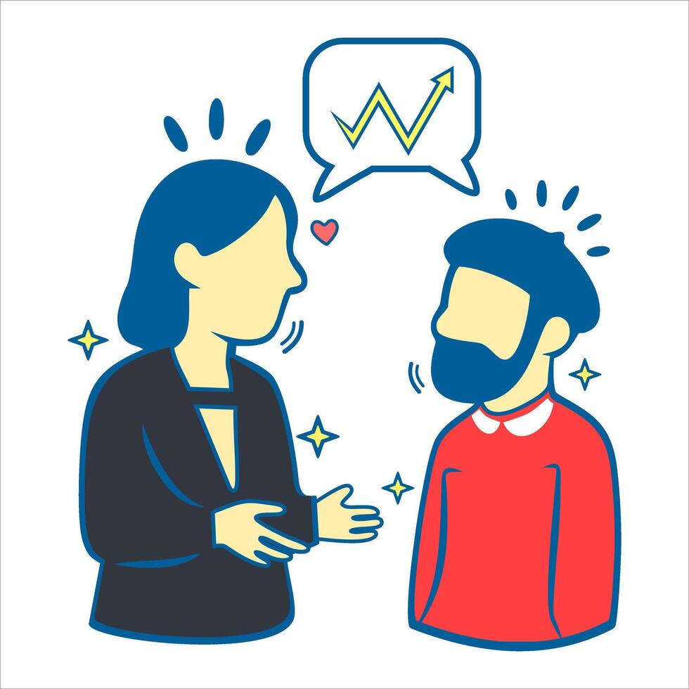 Professional Discussion and Supportive Networking, Ilustrasi seorang wanita dan seorang pria yang terlibat dalam percakapan bermakna tentang pertumbuhan, ditunjukkan dengan ikon grafik menaik. vector