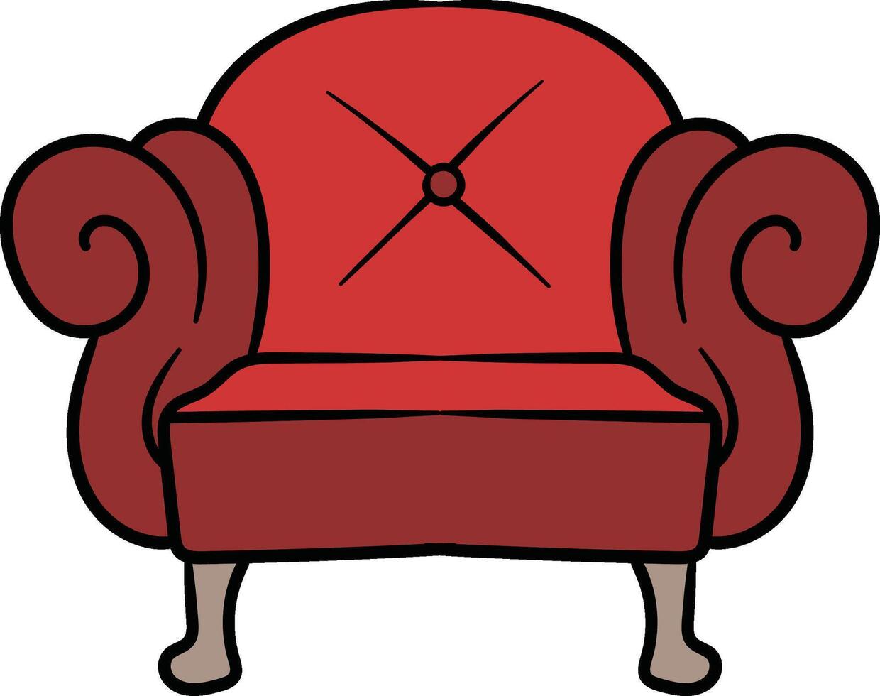 Red cushioned armchair with wood legs illustration vector