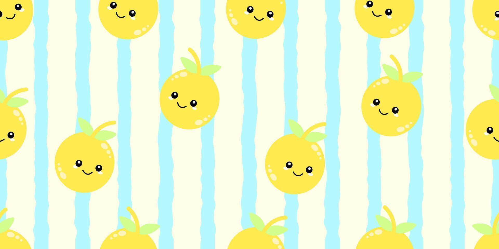 Kid's seamless pattern. Smiling Orange. Exotic fruit fashion print. Design elements for baby textile or clothes. Hand drawn doodle repeating delicacies. Tropical wallpaper vector
