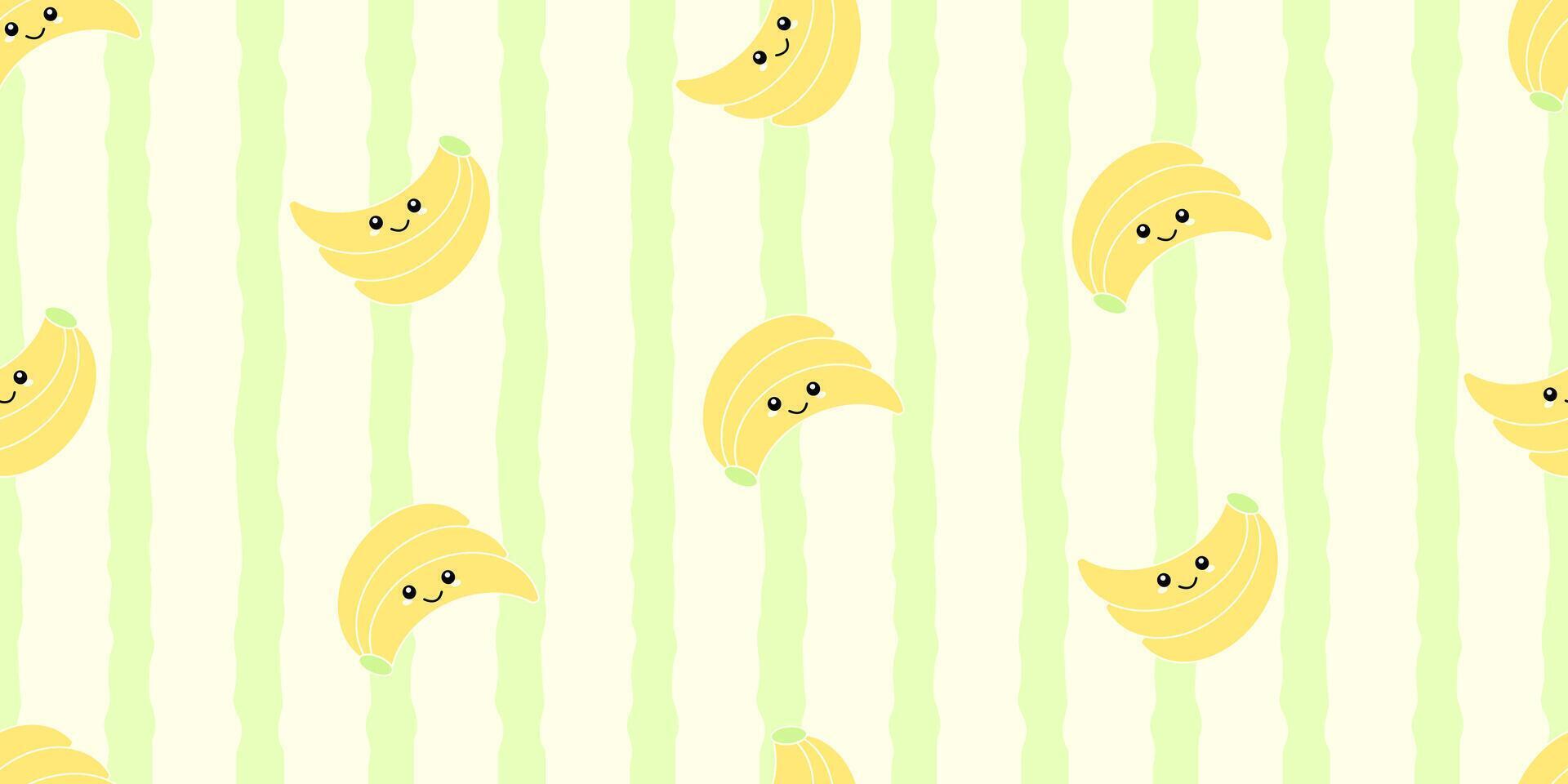 Kid's seamless pattern. Smiling Banana. Exotic fruit fashion print. Design elements for baby textile or clothes. Hand drawn doodle repeating delicacies. Tropical wallpaper vector