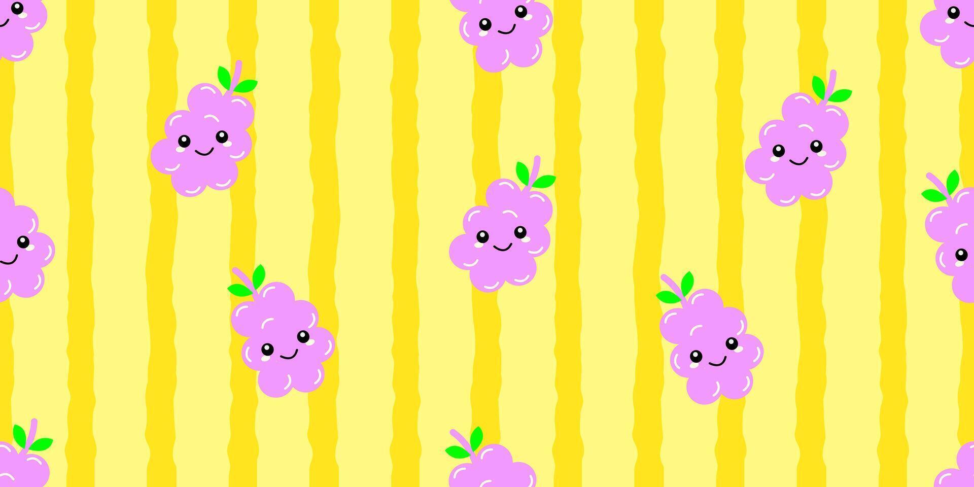 Kid's seamless pattern. Smiling Grape. Exotic fruit fashion print. Design elements for baby textile or clothes. Hand drawn doodle repeating delicacies. Tropical wallpaper vector