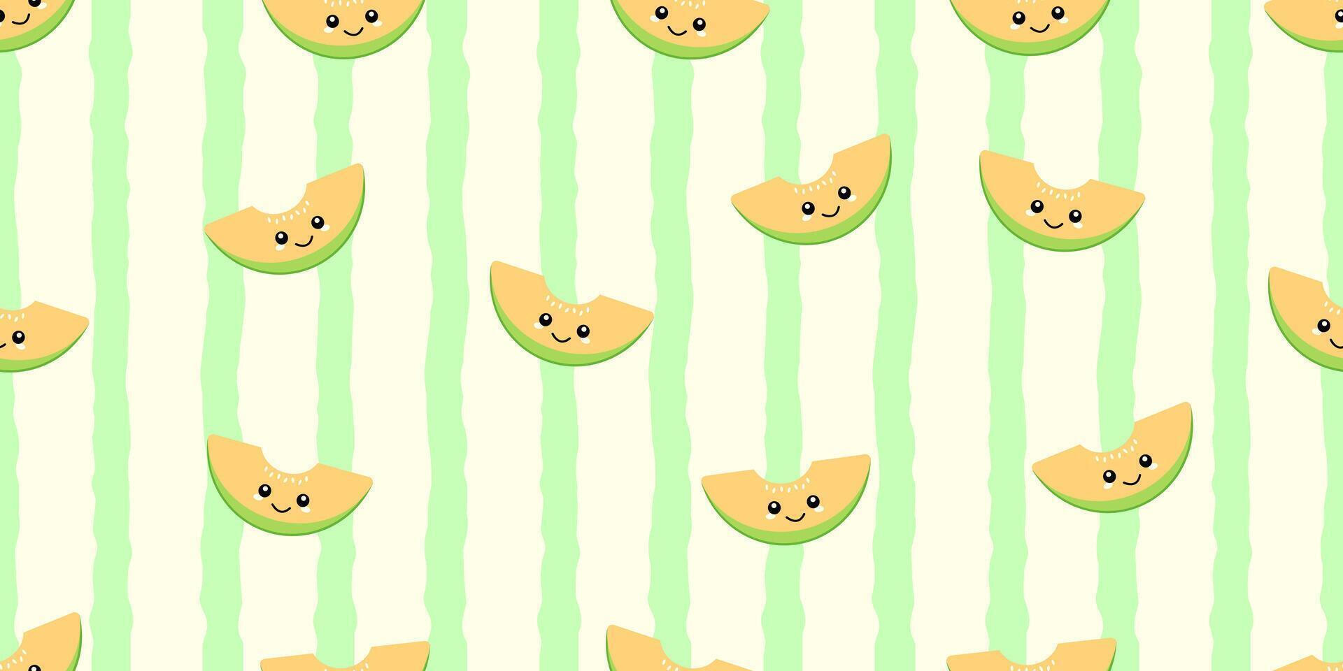 Kid's seamless pattern. Smiling Cantaloupe. Exotic fruit fashion print. Design elements for baby textile or clothes. Hand drawn doodle repeating delicacies. Tropical wallpaper vector
