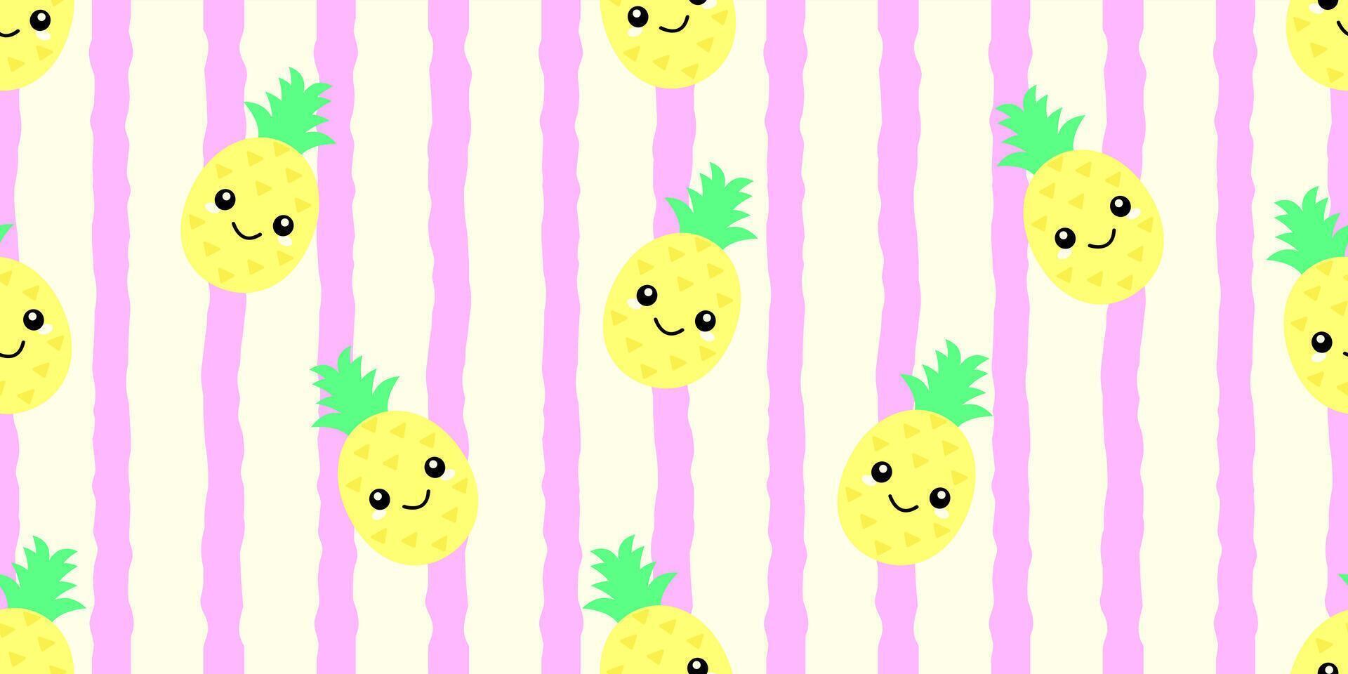 Kid's seamless pattern. Smiling Pineapple. Exotic fruit fashion print. Design elements for baby textile or clothes. Hand drawn doodle repeating delicacies. Tropical wallpaper vector
