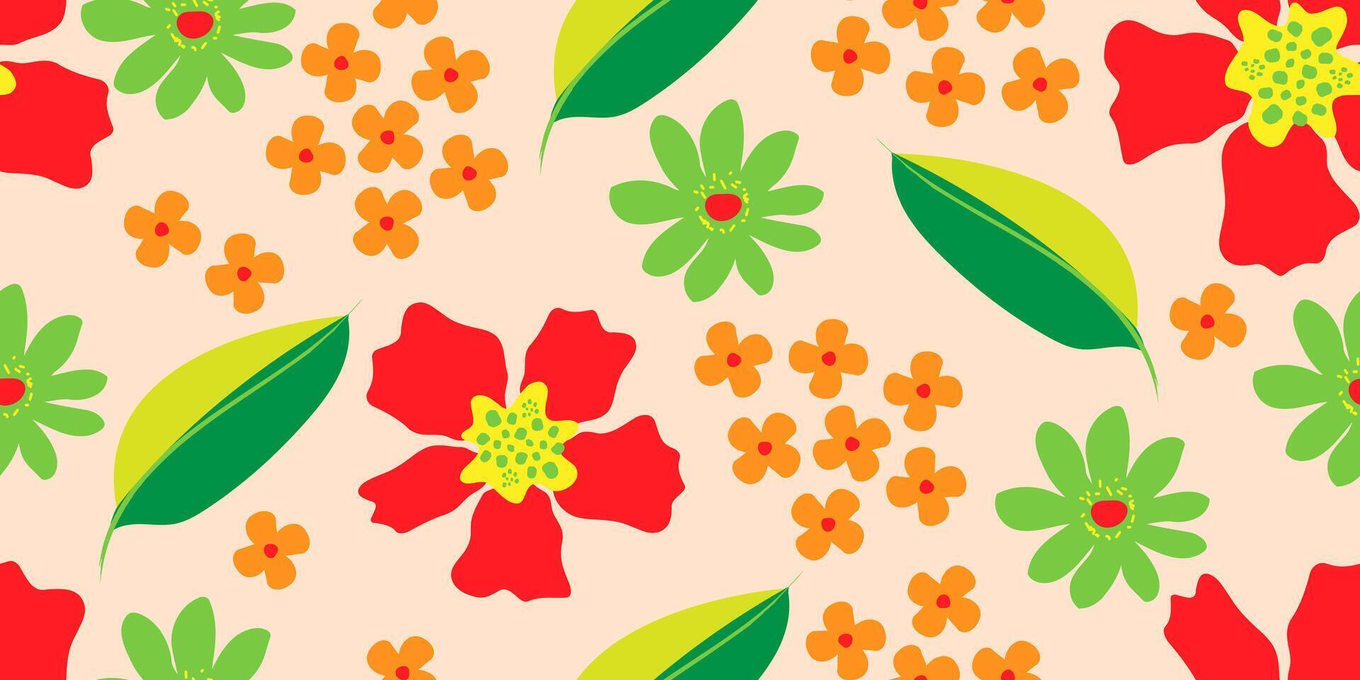 Exotic hand drawn colorful flowers, seamless patterns with floral for fabric, textiles, clothing, wrapping paper, cover, banner, home decor, abstract backgrounds. vector