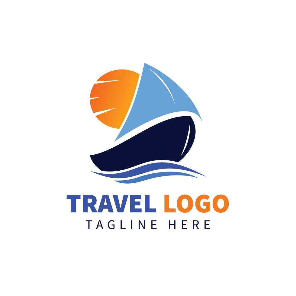Modern Travel Logo Design with Boat, Wave, and Sun Adventure and Tour Branding Icon vector