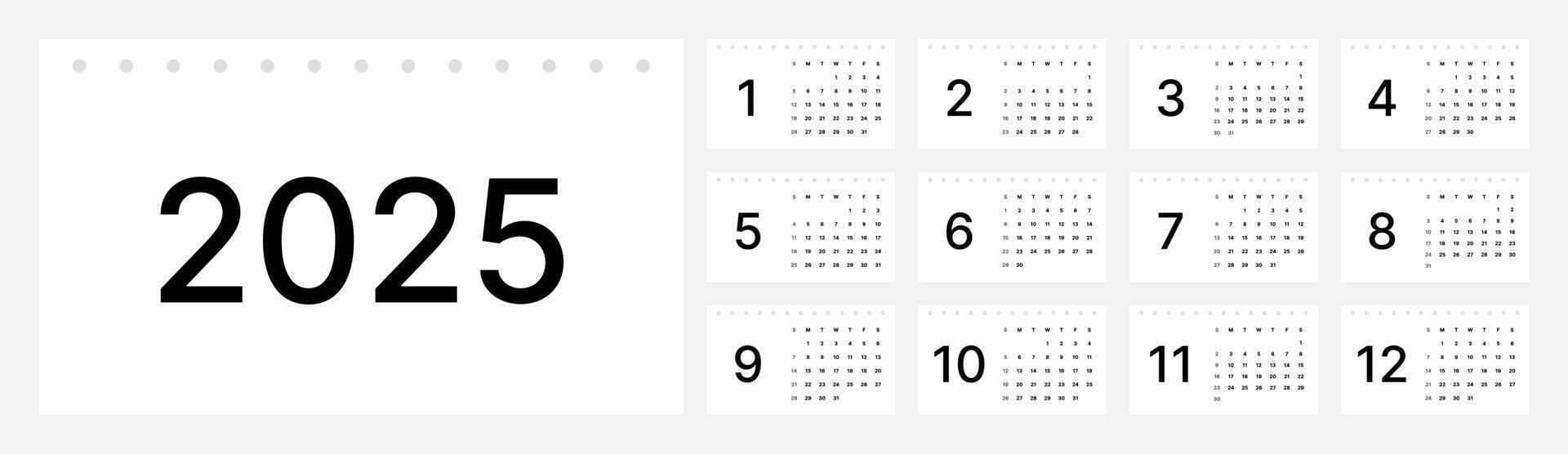 A minimalist 2025 calendar with a modern and elegant white and black design. In a simple format with clear numbers and neat layout, suitable for professional and decorative use. vector