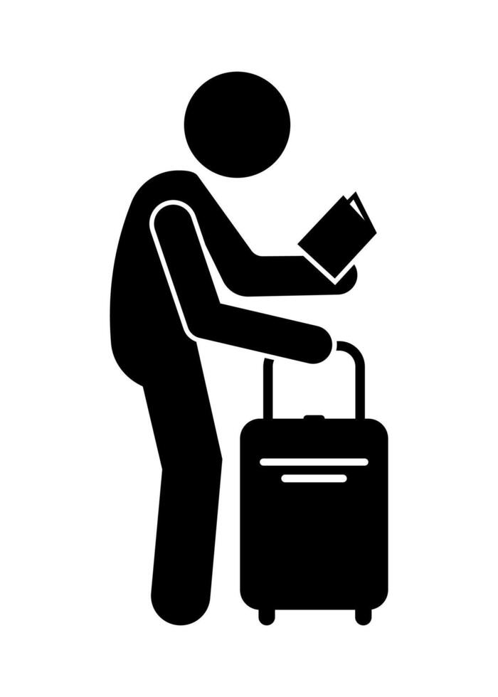 Stick figure stickman icon, human silhouette with suitcase and book. businessman or tourist. vector