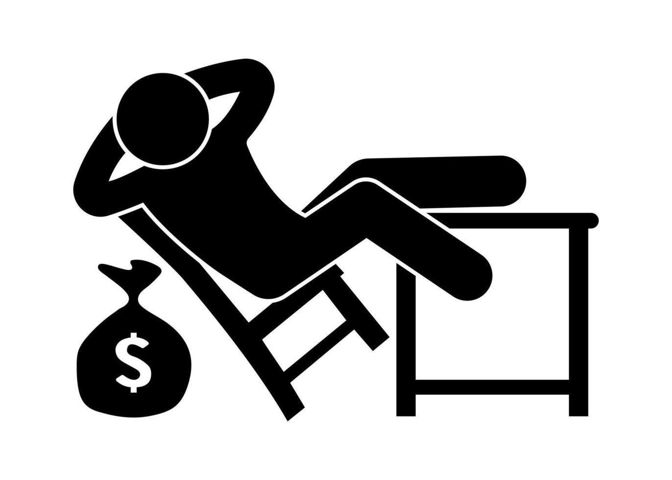 Stick figure stickman icon, human silhouette sitting relaxed with a bag of money. rich people relax. vector
