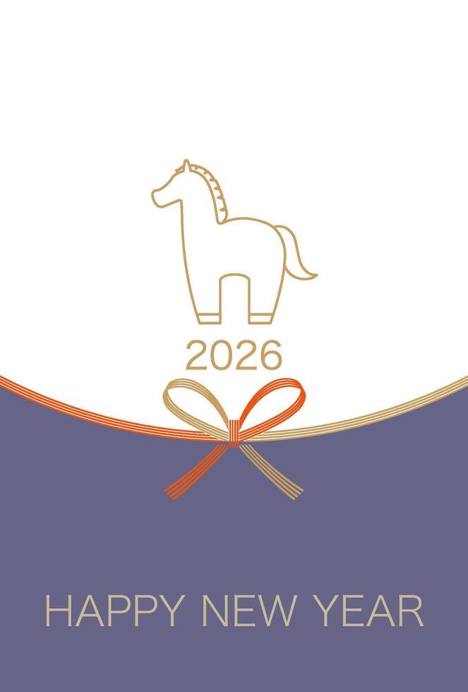 2026, The Year Of The Horse, New Years Greeting Card Template With A Cute Horse Drawing And A Mizuhiki - Decorative Japanese Cord Made From Twisted Paper. vector