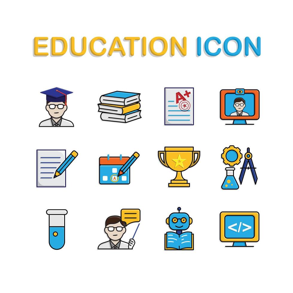 education icon set. learning result, Study Planner, Live Chat, etc. education symbol on white background. smart, learning, clever. isometric design style vector