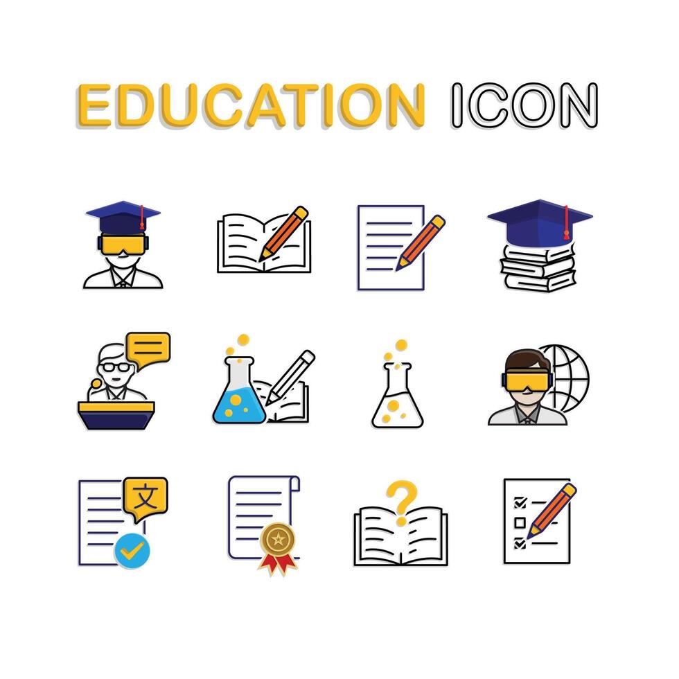 education icon set. AI Tutor, STEAM Education, writing, etc. education symbol on white background. smart, learning, clever. mixed design style vector