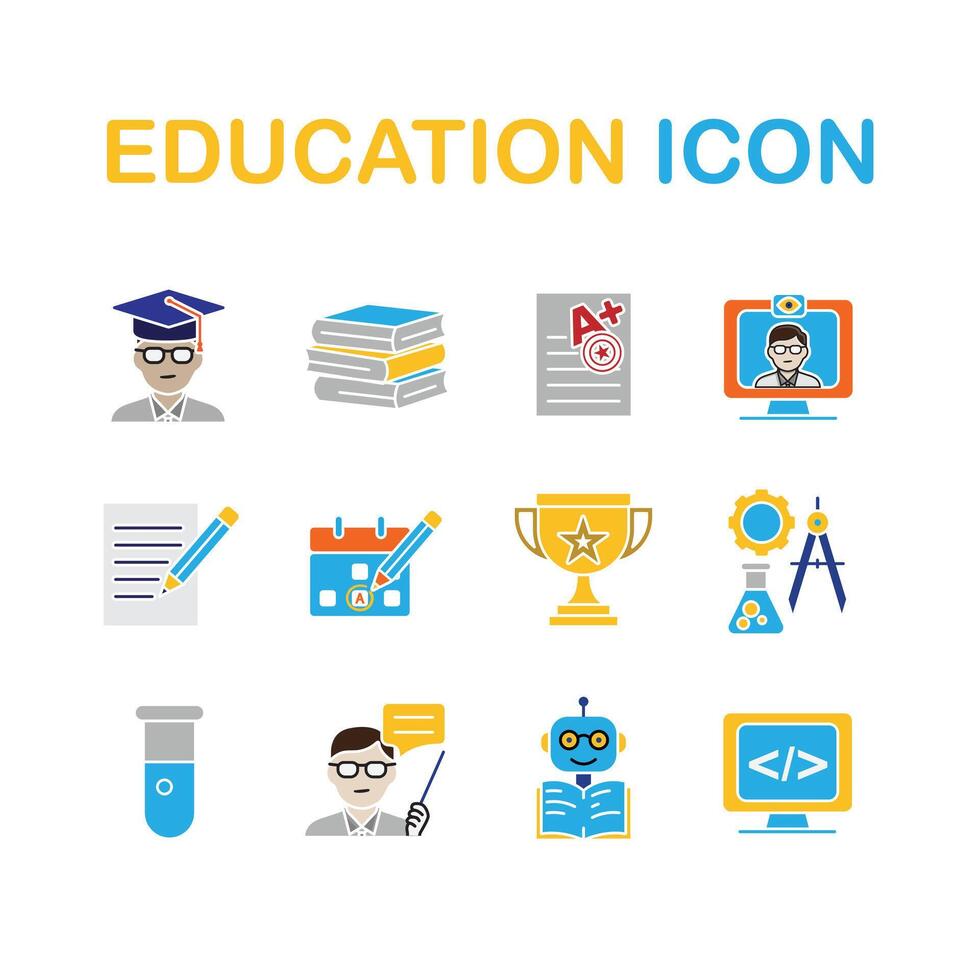 education icon set. learning result, Study Planner, Live Chat, etc. education symbol on white background. smart, learning, clever. flat design style vector