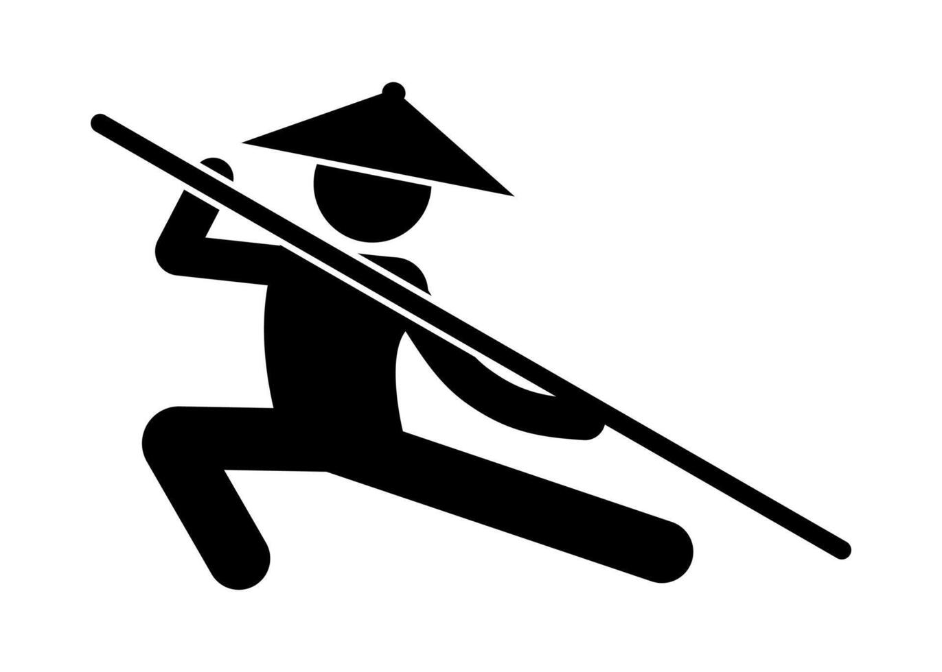 Stick figure stickman icon, human silhouette martial artist armed with a stick and wearing a hat. vector