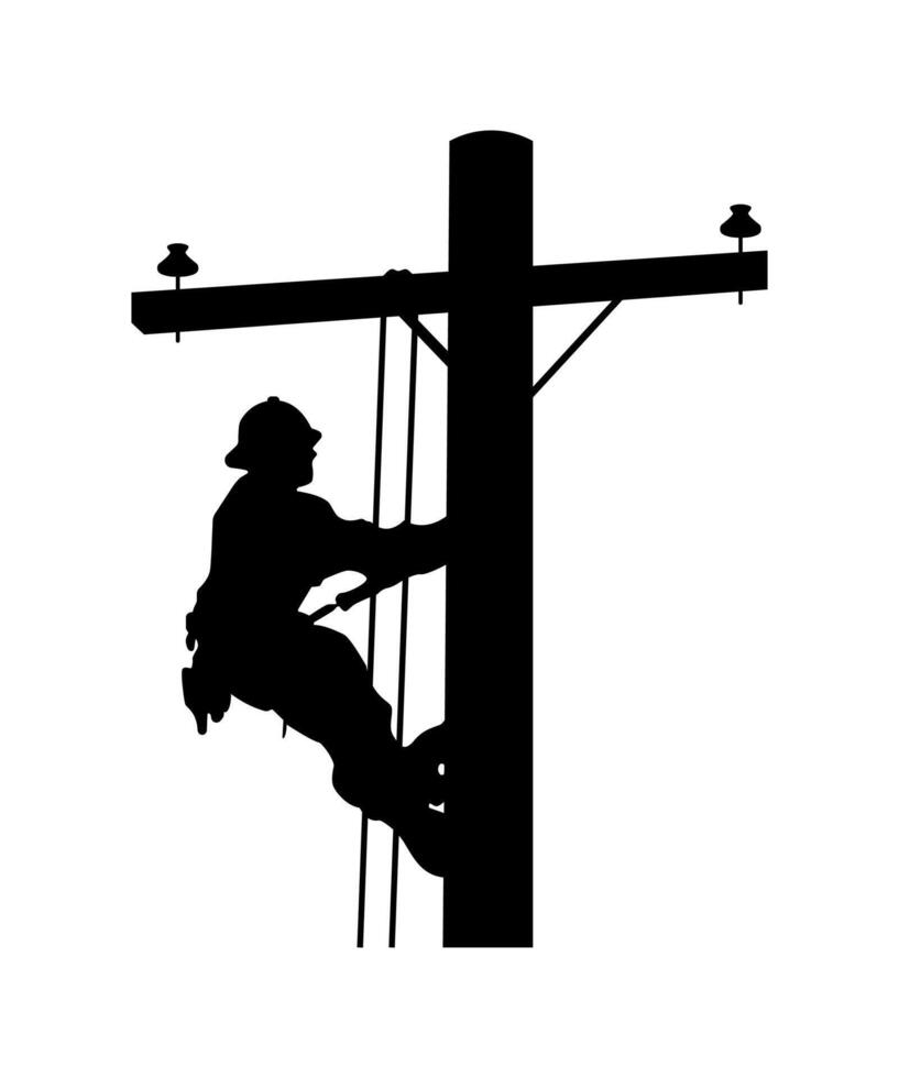 Silhouette of electric pole technician. Electricity energy maintenance. vector