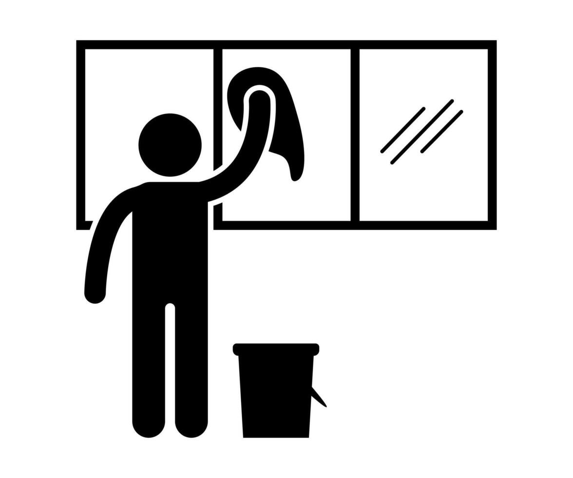 Stick figure stickman icon, human silhouette. a janitor cleans a glass window with a rag and bucket. vector