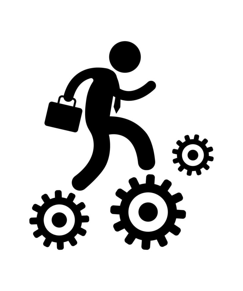 Stick figure stickman icon, human silhouette businessman running on gears. vector