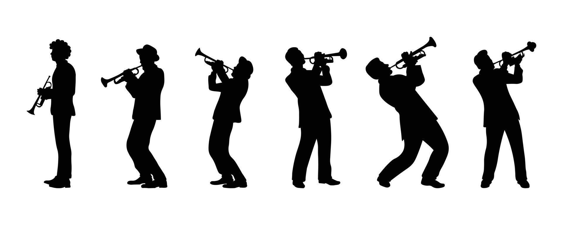 Silhouette set of trumpet players. Jazz musical instrument of trumpet players silhouette isolated on white background. vector