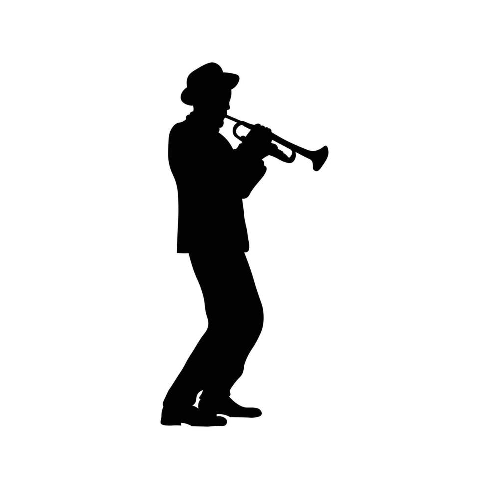 Trumpet player silhouette. Jazz musical instrument trumpeter silhouette isolated on white background... vector