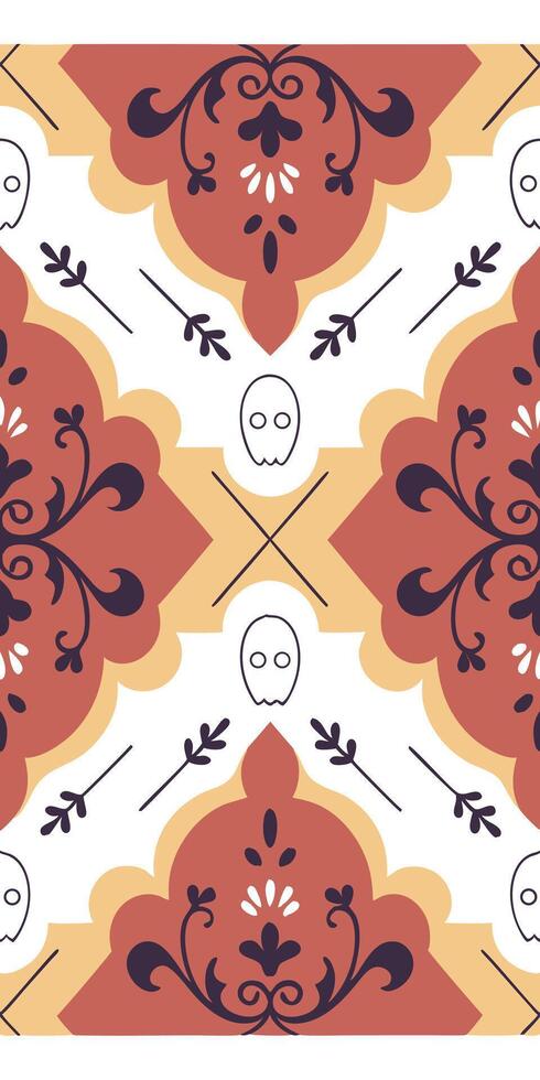 A seamless vintage haunted mansion wallpaper pattern with antique filigree, subtle ghostly faces, and faded textures in deep plum and silver vector