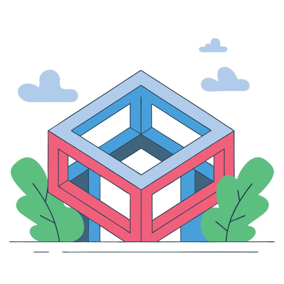 A cube with impossible geometry, blue and red colors, green leaves on the sides, white background with some clouds vector