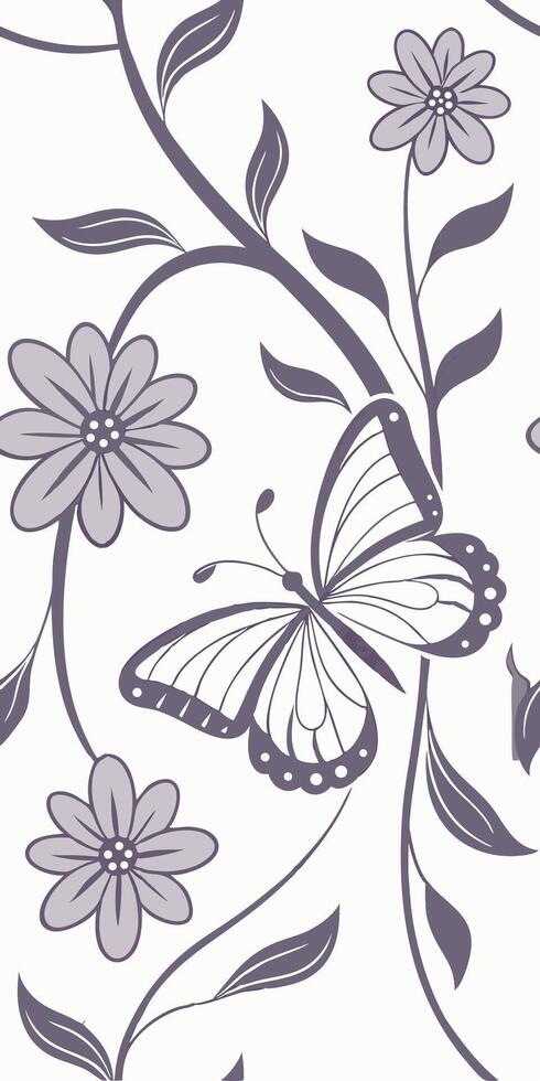 Butterfly with open wings and a flower with rounded petals, both in purple tones, on a white background with floral motifs vector