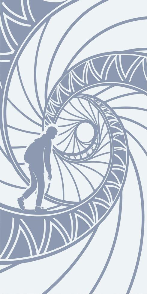 A man with a backpack walking on a spiral staircase, the background is a white and gray spiral pattern vector