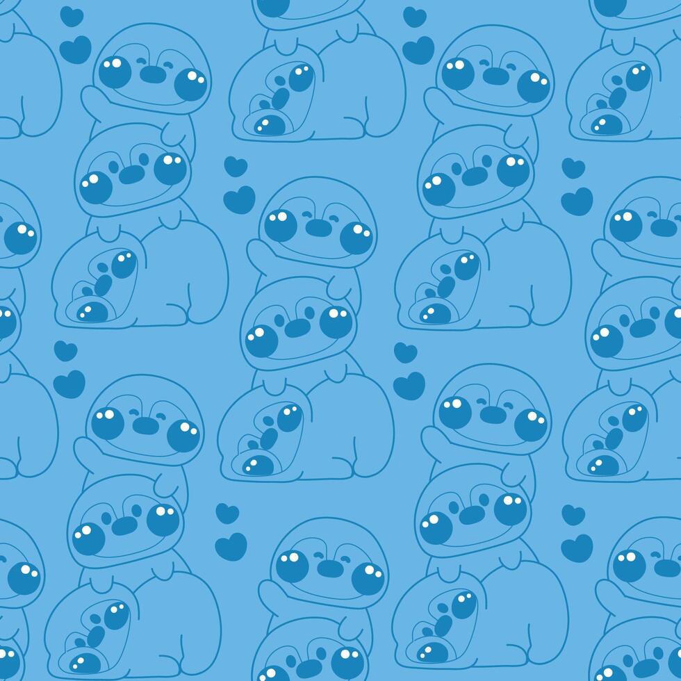 Seamless pattern of cute penguin stay on top each other line hand drawn greeting with heart background.Polar bird animal character cartoon design.Relax.Lay.Kawaii.Illustration. vector