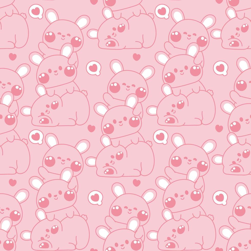 Seamless pattern of cute rabbit stay on top each other line hand drawn greeting on pink background.Rodent bunny animal character cartoon design.Relax.Lay.Kawaii.Illustration. vector