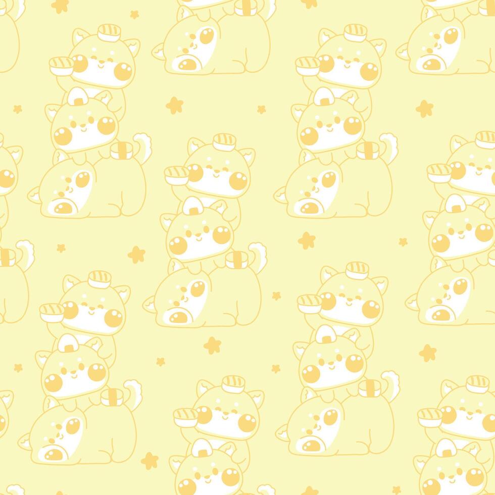 Seamless pattern of cute shiba inu dog stay on top each other greeting with sushi is japanese food line hand drawn background.Pet animal character cartoon design.Relax.Lay.Kawaii.Illustration. vector