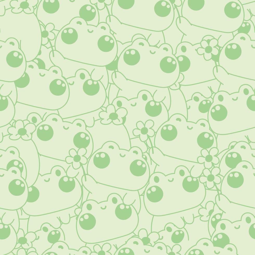 Seamless pattern of cute frog stay on top each other greeting with flower line hand drawn background.Reptile animal character cartoon design.Relax.Lay.Kawaii.Illustration. vector